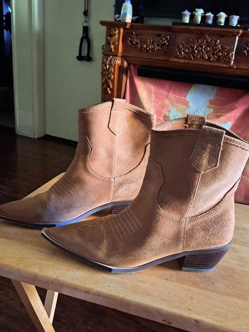 Women's Suede Pointed-Toe Ankle Booties in Tan - Picture 2 of 9